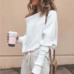 Women shoulder knit cozy tops sweater long sleeve shirt tops pullover white